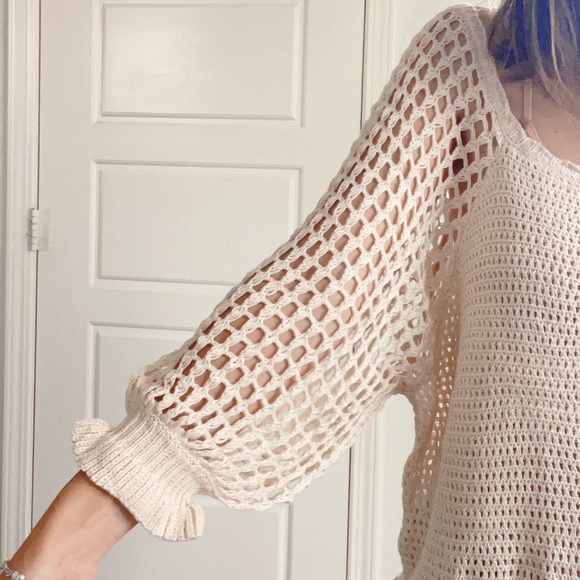 Miracle Cozy Crochet Button down Ruffle Sweater Top - Picture 12 of 16